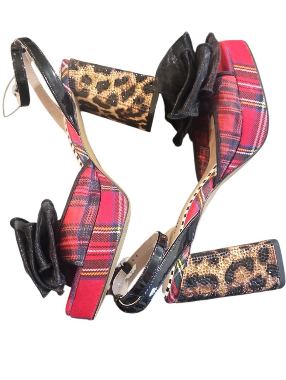 Betsey Johnson Palloma Red Plaid Platform Bow Dress Sandals Sz 9 Leopard Heel - Picture 12 of 12